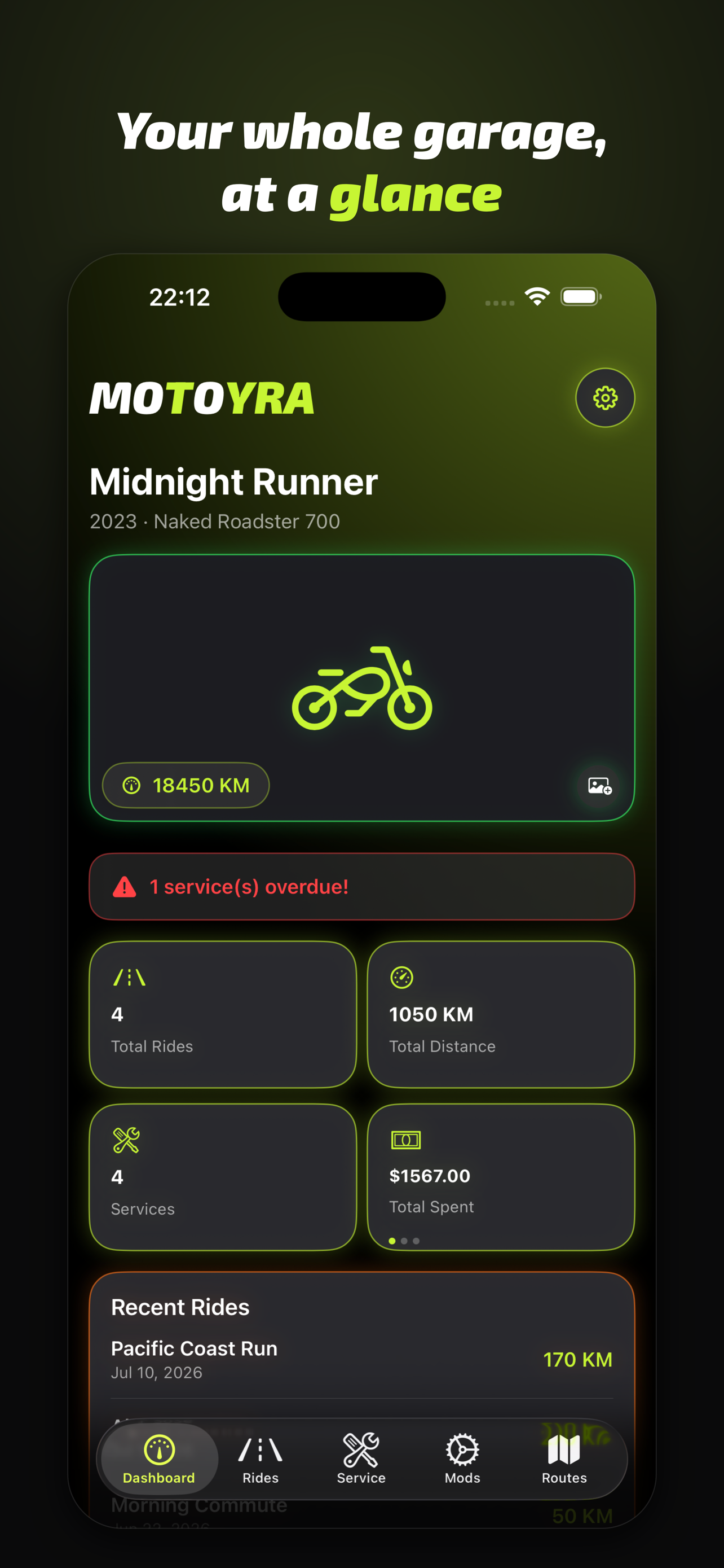 Motoyra dashboard: the whole garage at a glance. Bike, odometer, service alert, ride and cost stats.