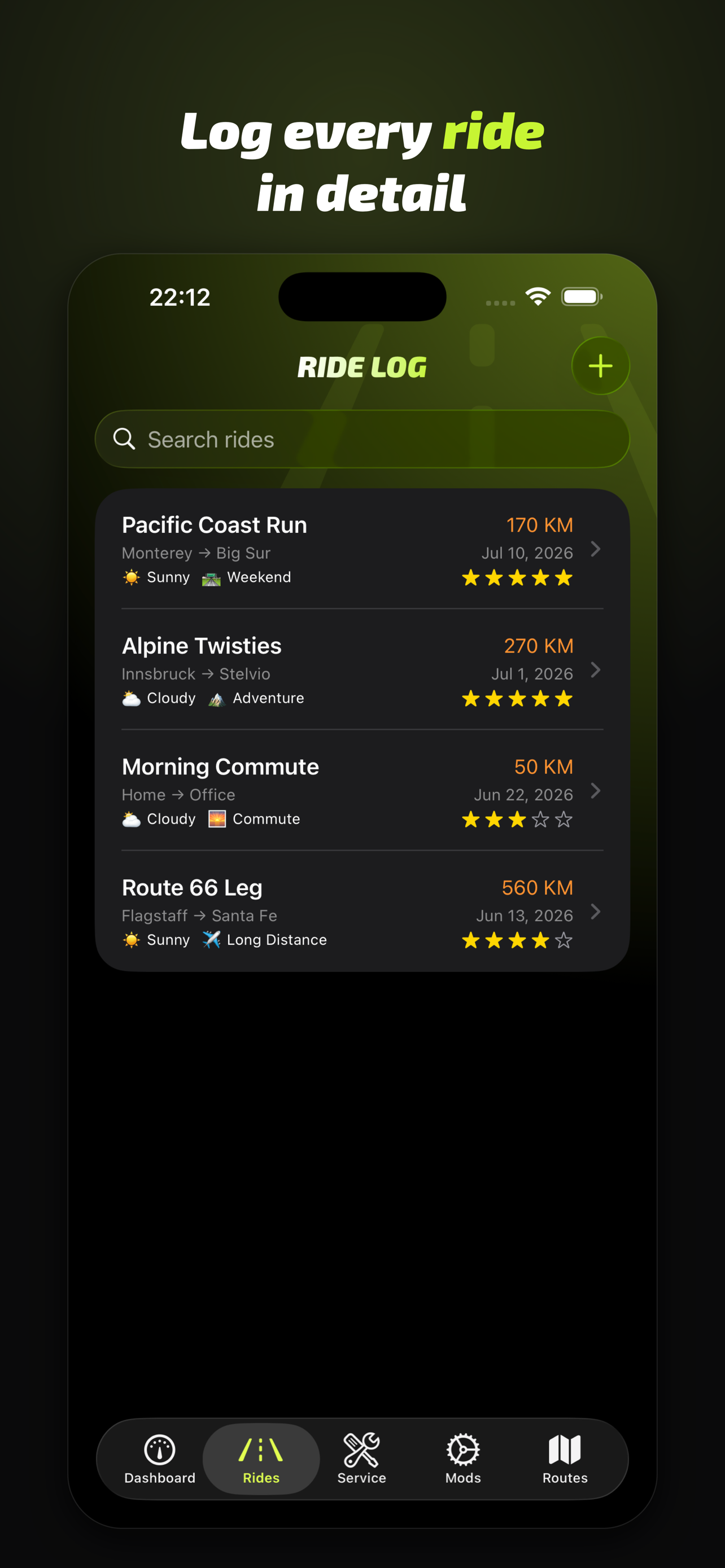 Motoyra ride log: a searchable list of rides with distance, route, weather, tags and star ratings.