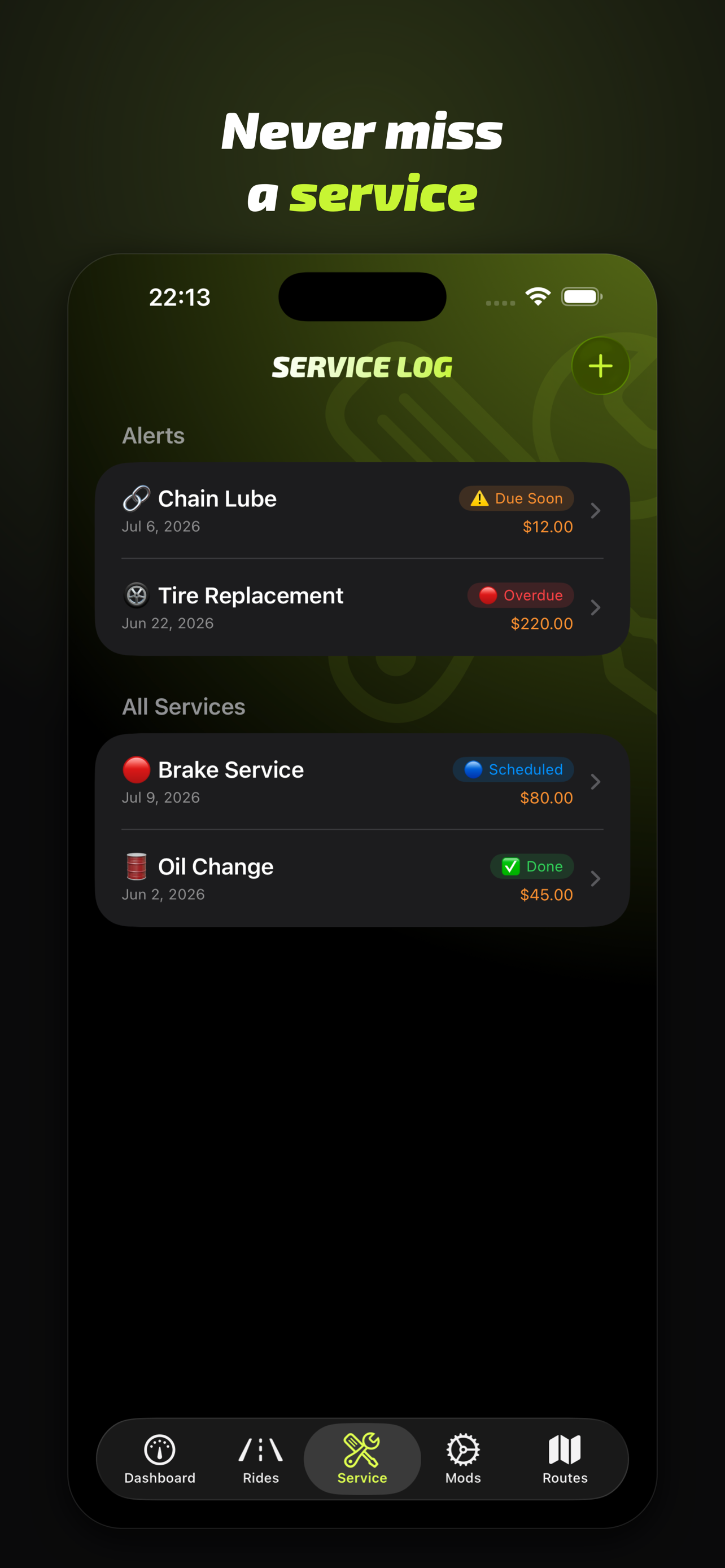 Motoyra service log: alerts for due-soon and overdue services, plus a full service history with costs.