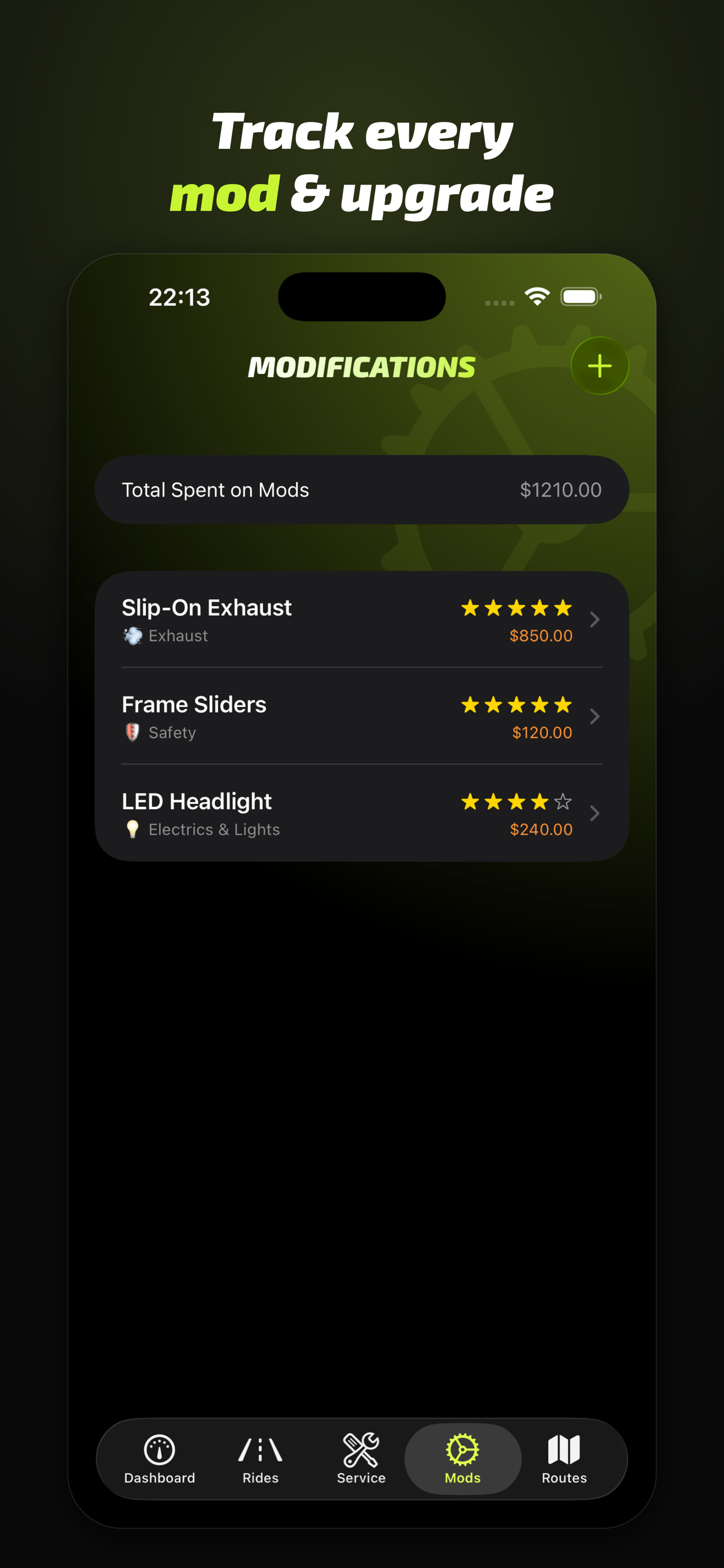 Motoyra modifications: every mod and upgrade tracked by category, rating and cost, with total spend.
